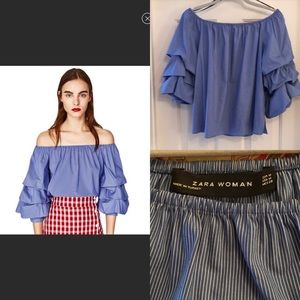 🌷Zara Woman Off Shoulder Puff Sleeved Striped Top